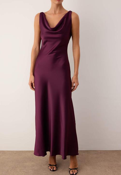 Trendyol - A-Line Cowl Neck Satin Maxi Dress - Purple