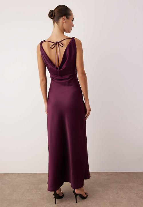 Trendyol - A-Line Cowl Neck Satin Maxi Dress - Purple