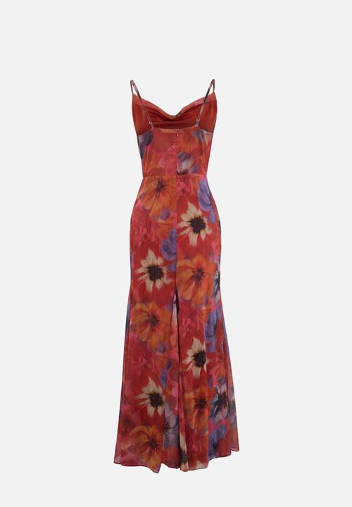 Trendyol - Floral Degaje Collar Chiffon Maxi Evening Dress - Burgundy