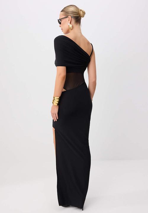 Trendyol - Asymmetric Neckline Straight-Cut Maxi Knit Evening Dress - Black