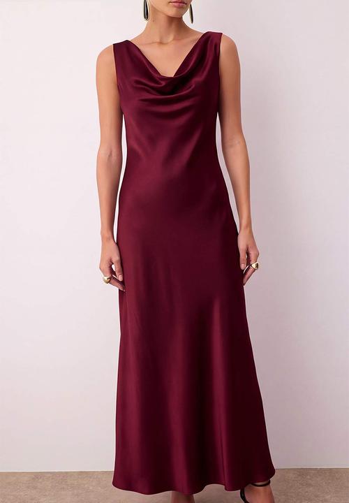 Trendyol - A-Line Cowl Neck Satin Maxi Dress - Red