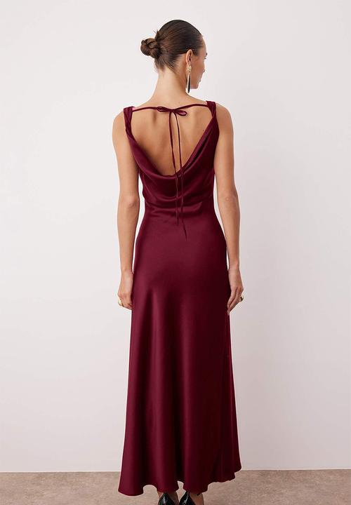 Trendyol - A-Line Cowl Neck Satin Maxi Dress - Red