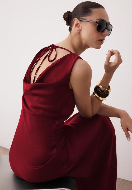 Trendyol - A-Line Cowl Neck Satin Maxi Dress - Red
