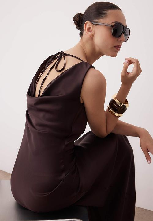 Trendyol - A-Line Cowl Neck Satin Maxi Dress - Brown