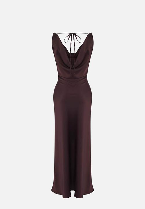 Trendyol - A-Line Cowl Neck Satin Maxi Dress - Brown