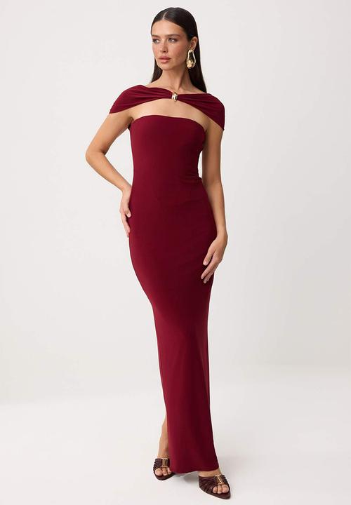 Trendyol - Strapless Straight-Cut Maxi Knit Evening Dress - Burgundy