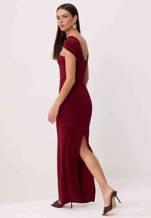Trendyol - Strapless Straight-Cut Maxi Knit Evening Dress - Burgundy