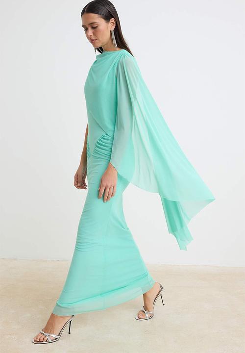 Trendyol - Cape Detail Tulle Maxi Evening Dress - Mint