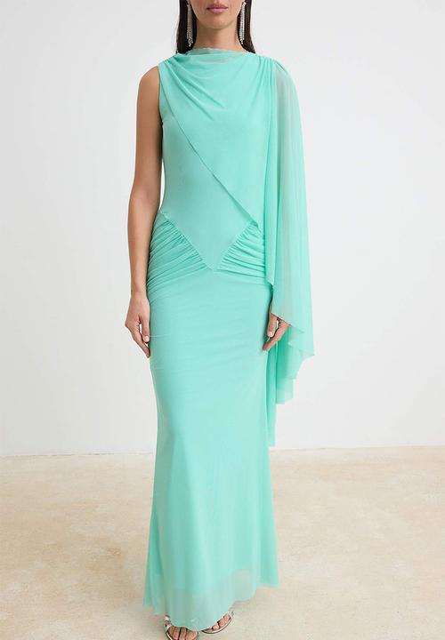 Trendyol - Cape Detail Tulle Maxi Evening Dress - Mint