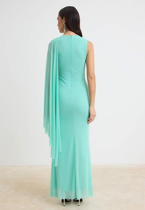Trendyol - Cape Detail Tulle Maxi Evening Dress - Mint