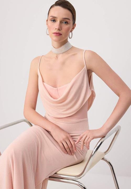 Trendyol - Glitter Draped Collar Maxi Evening Dress - Powder