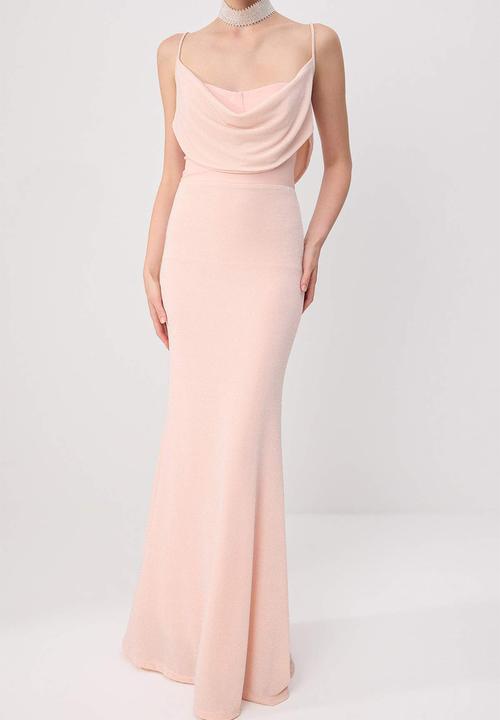 Trendyol - Glitter Draped Collar Maxi Evening Dress - Powder