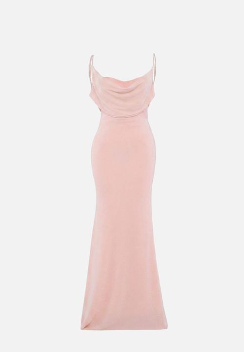 Trendyol - Glitter Draped Collar Maxi Evening Dress - Powder