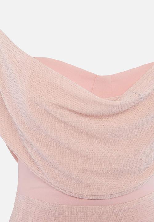 Trendyol - Glitter Draped Collar Maxi Evening Dress - Powder