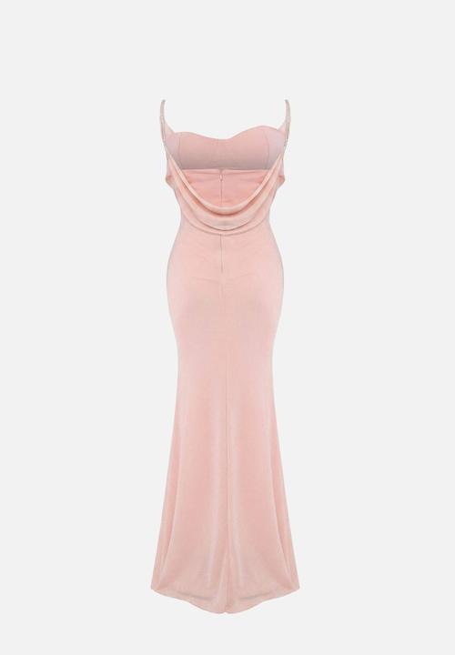 Trendyol - Glitter Draped Collar Maxi Evening Dress - Powder