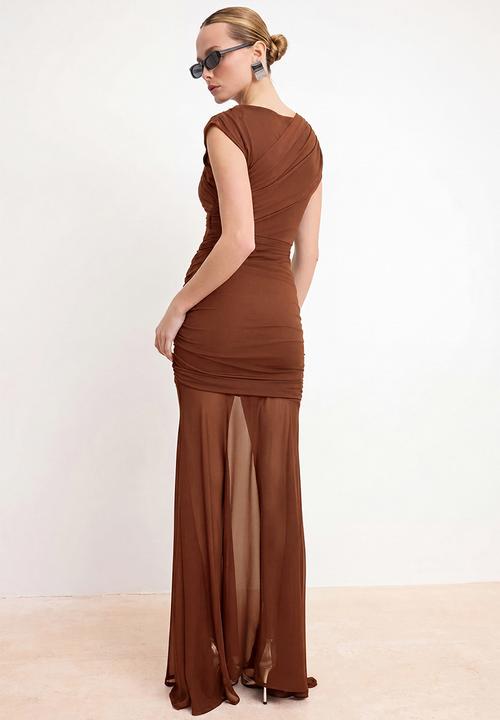 Trendyol - Shirred Draped Maxi Evening Dress - Tile