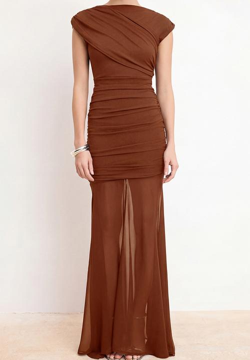 Trendyol - Shirred Draped Maxi Evening Dress - Tile
