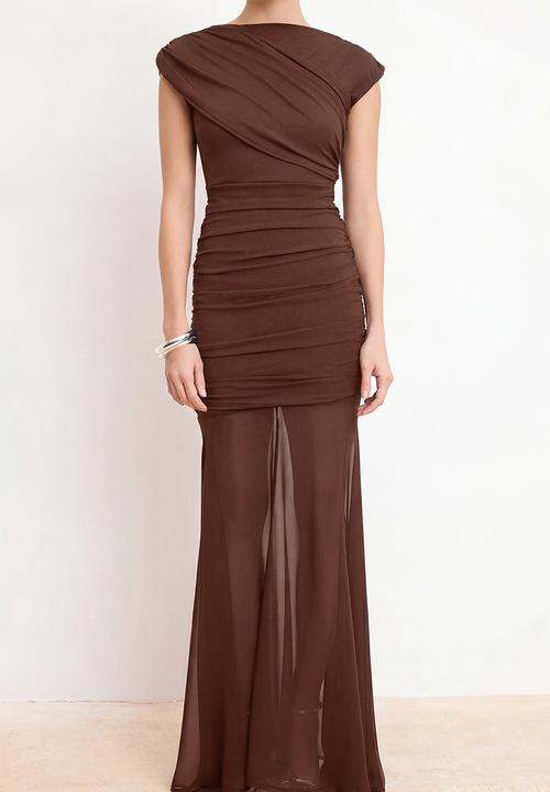 Trendyol - Shirred Draped Maxi Evening Dress - Tile