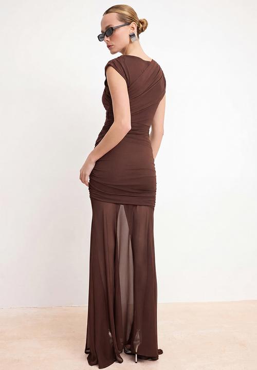 Trendyol - Shirred Draped Maxi Evening Dress - Tile