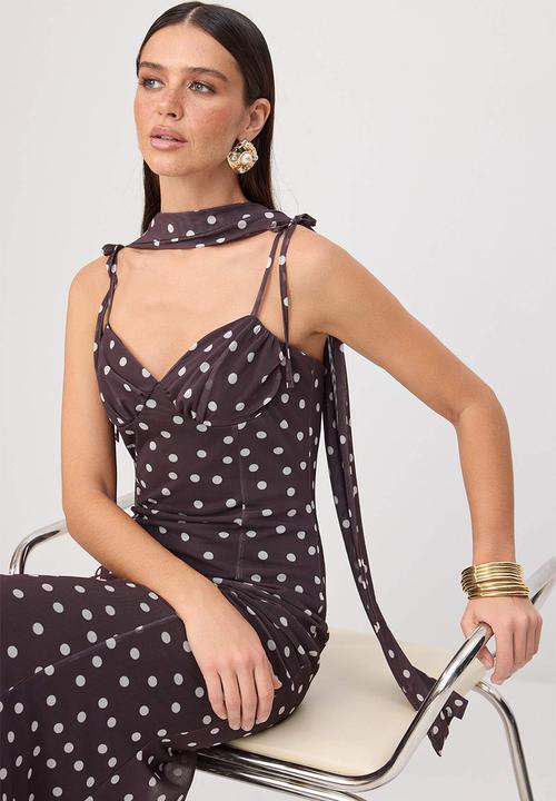 Trendyol - Polka Dot Heart Neck Fish-Tail Maxi Evening Dress - Brown-Multicolour