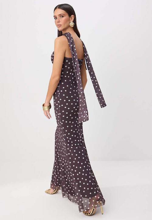 Trendyol - Polka Dot Heart Neck Fish-Tail Maxi Evening Dress - Brown-Multicolour