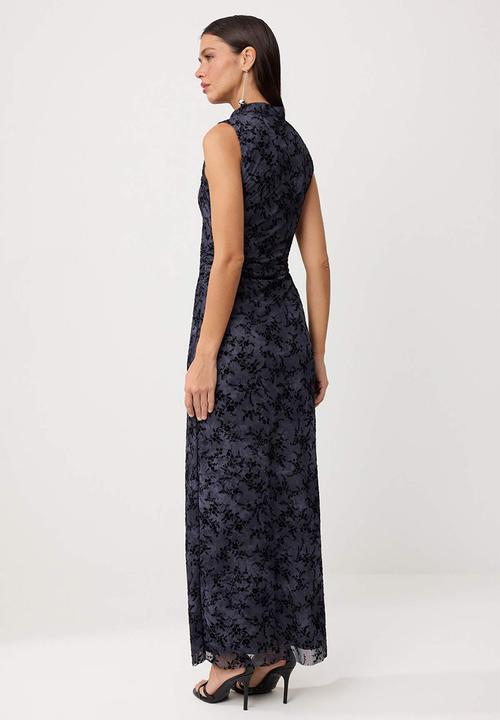Trendyol - Embossed Floral Tulle Bodycon Maxi Evening Dress - Smoke Grey