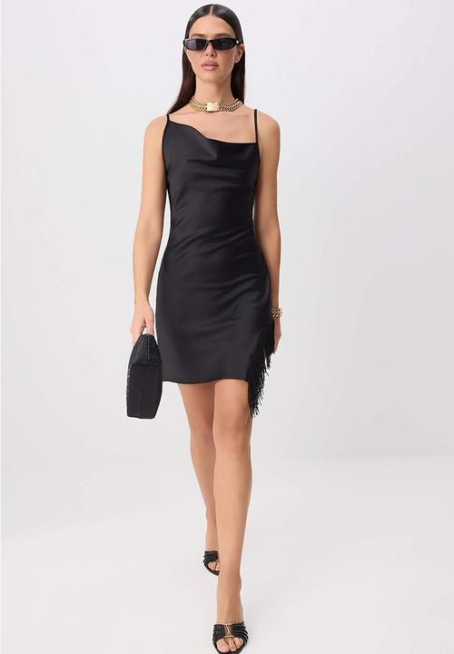 Trendyol - Tassel Detail Satin Mini Evening Dress - Black