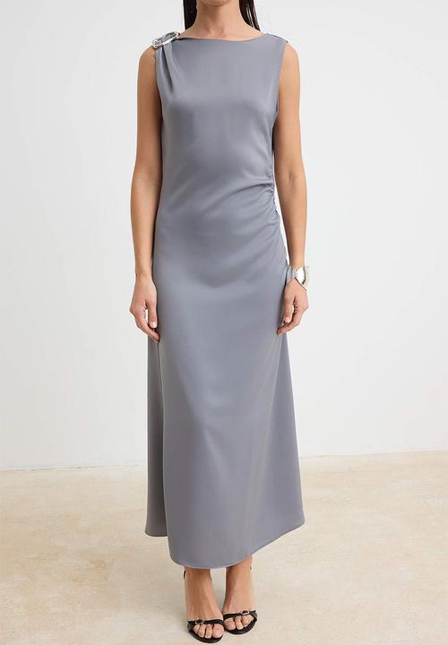 Trendyol - Shirred Detail Satin Maxi Evening Dress - Anthracite