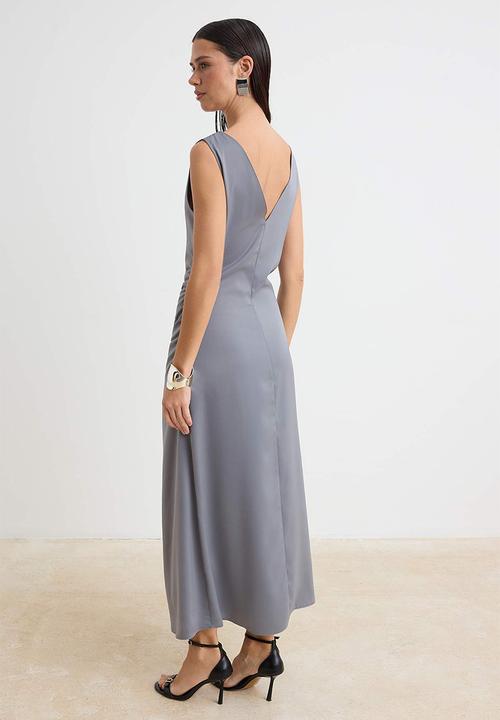Trendyol - Shirred Detail Satin Maxi Evening Dress - Anthracite