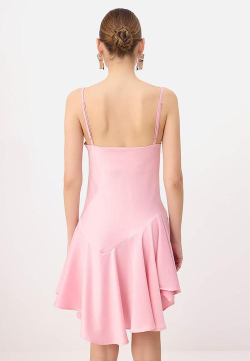 Trendyol - Asymmetric Strap Mini Satin Dress - Fuchsia