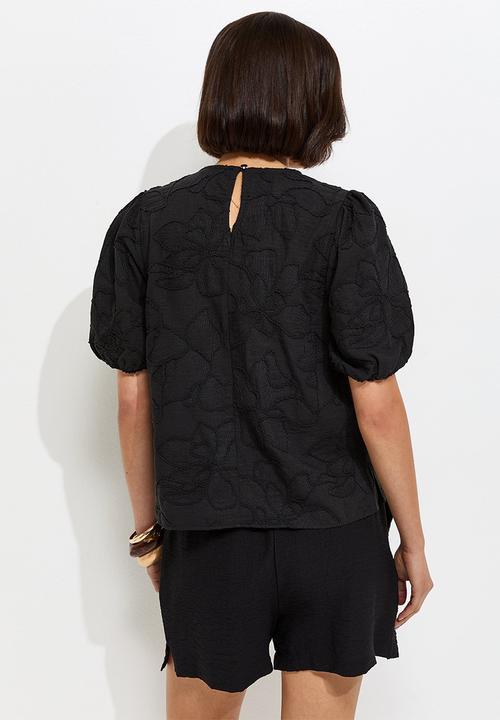 New Look - Tina emb puff sleeve T-shirt - black