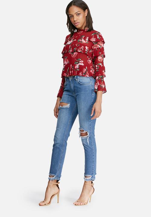 Missguided - Rose print ruffle blouse
