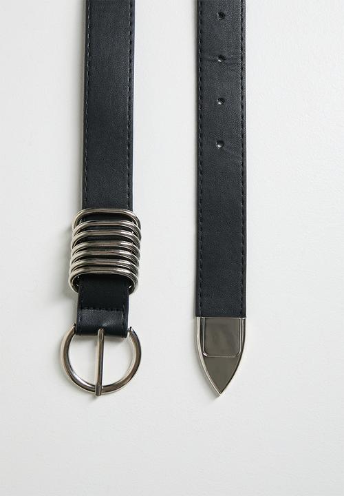 Tessa Design - Lennox Stacked Silver Metal Slim Belt With Round Buckle - Black