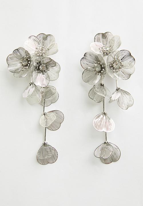 Tessa Design - Petra Floral Diamante Encrusted Drop Earrings - Silver