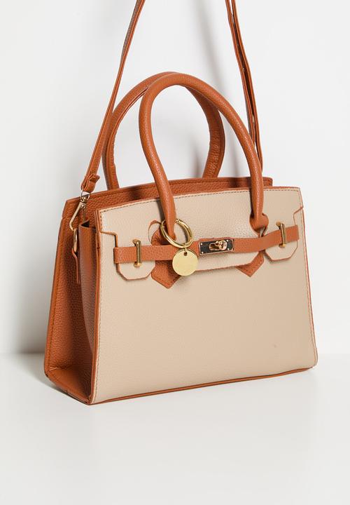 Tessa Design - Teagan Structured Top Handle Bag With Buckle Detail-Cream/Tan