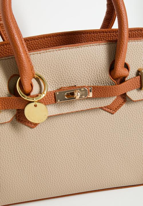 Tessa Design - Teagan Structured Top Handle Bag With Buckle Detail-Cream/Tan