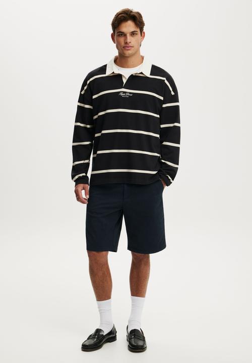 Cotton On - Box Fit Long Sleeve Polo - Black Bold Stripe