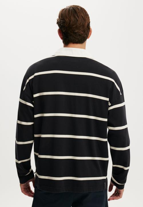 Cotton On - Box Fit Long Sleeve Polo - Black Bold Stripe