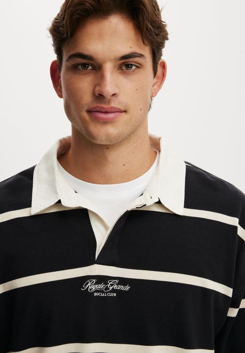 Cotton On - Box Fit Long Sleeve Polo - Black Bold Stripe