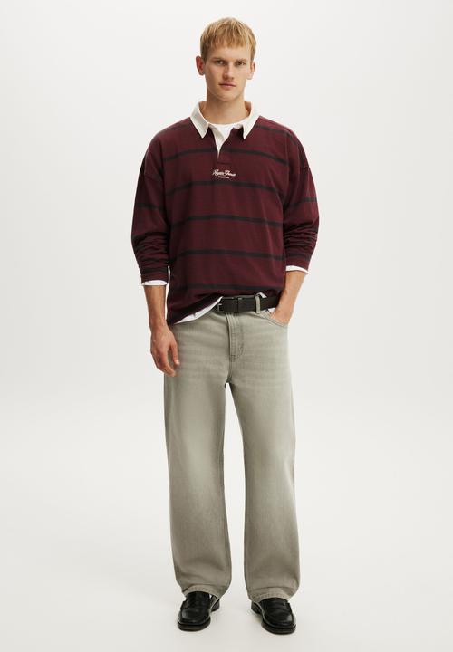 Cotton On - Box Fit Long Sleeve Polo - Crimson Bold Stripe