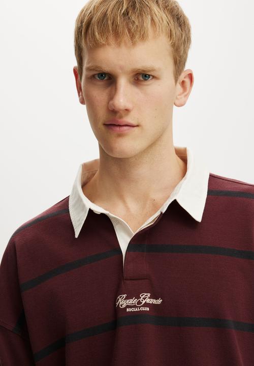 Cotton On - Box Fit Long Sleeve Polo - Crimson Bold Stripe