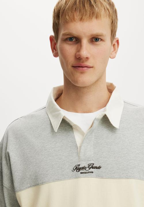 Cotton On - Box Fit Long Sleeve Polo - Grey Marle Panel