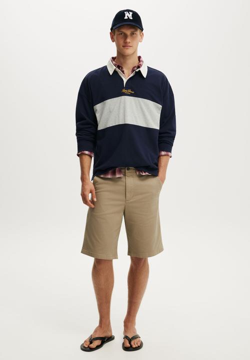Cotton On - Box Fit Long Sleeve Polo - Blue Panel