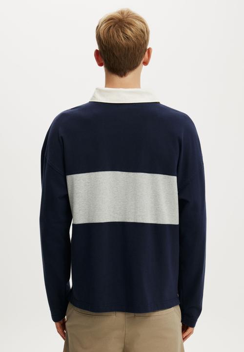 Cotton On - Box Fit Long Sleeve Polo - Blue Panel