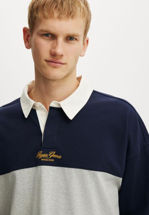 Cotton On - Box Fit Long Sleeve Polo - Blue Panel