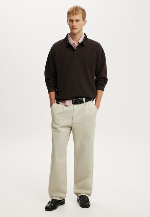 Cotton On - Box Fit Long Sleeve Polo - Espresso
