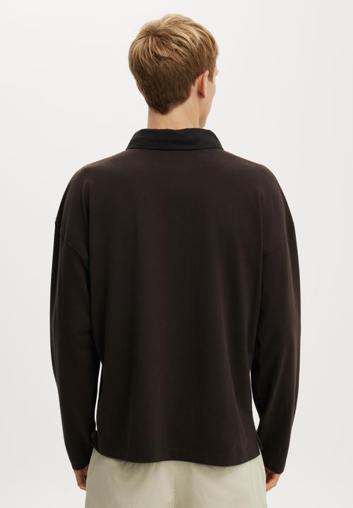 Cotton On - Box Fit Long Sleeve Polo - Espresso