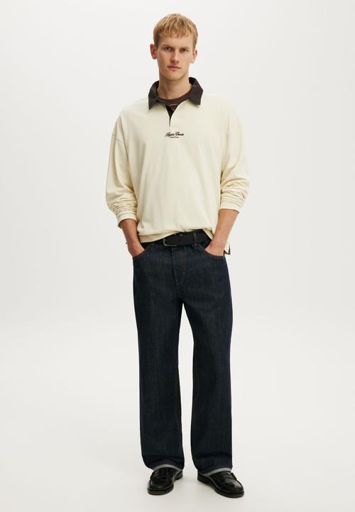 Cotton On - Box Fit Long Sleeve Polo - Cream