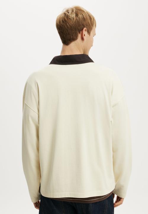 Cotton On - Box Fit Long Sleeve Polo - Cream