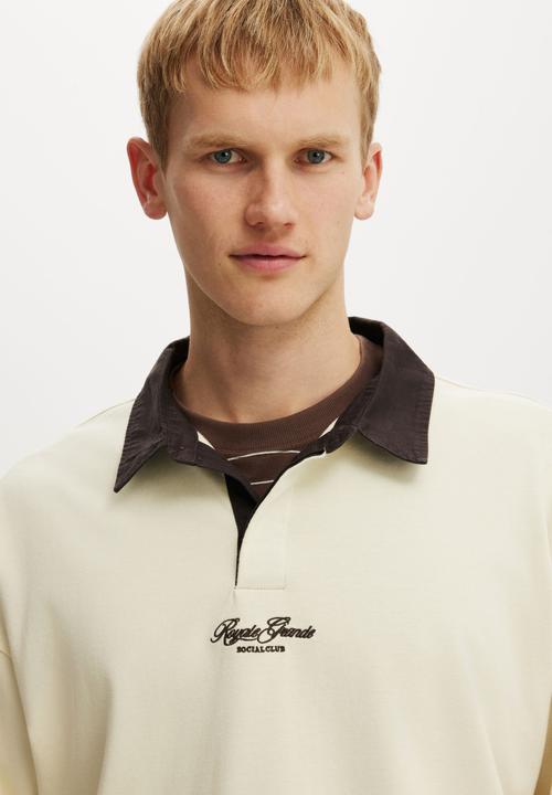 Cotton On - Box Fit Long Sleeve Polo - Cream